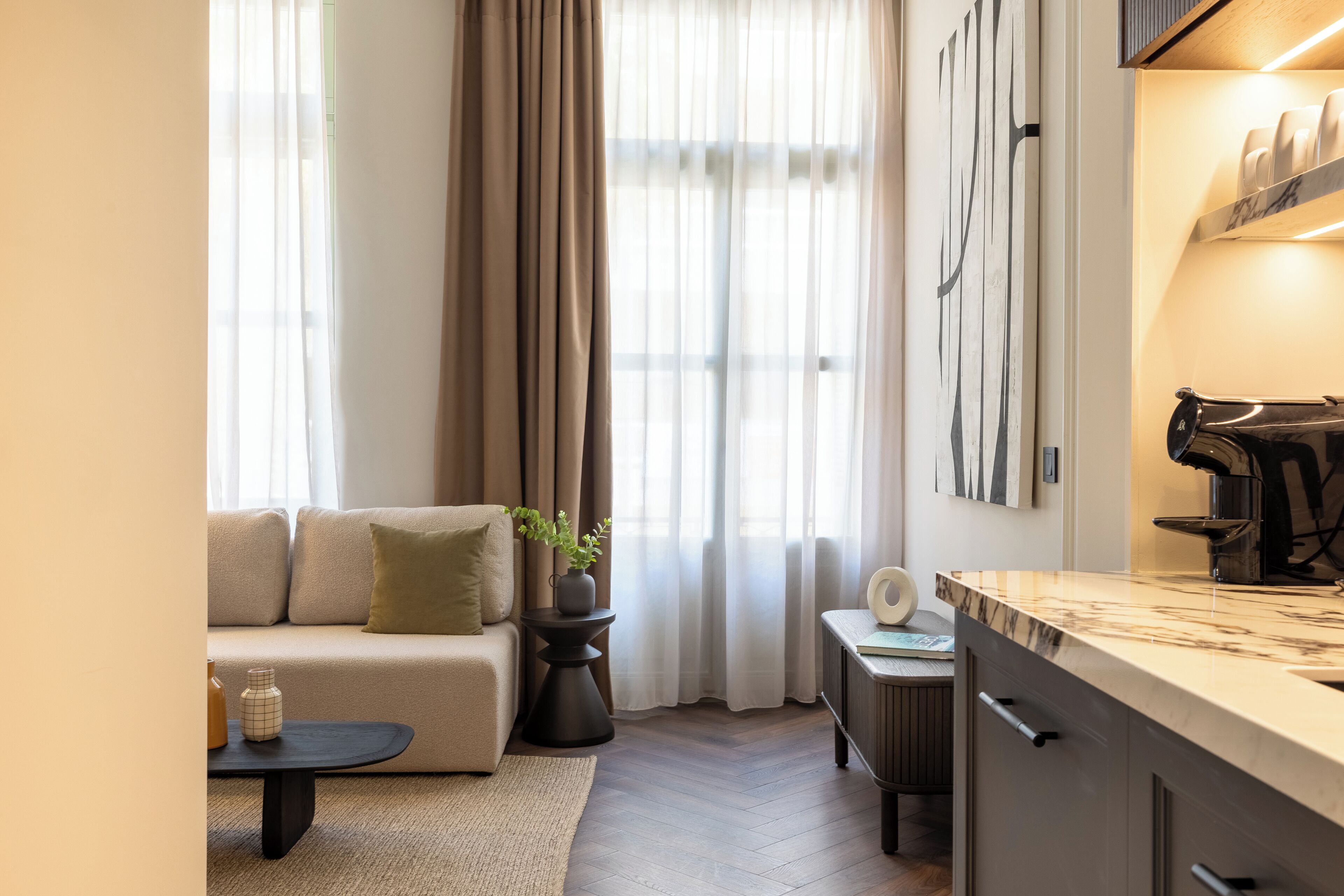 A modern living room with a sofa, a coffee table, a side table with a plant, and a kitchen area with a countertop and cabinets.