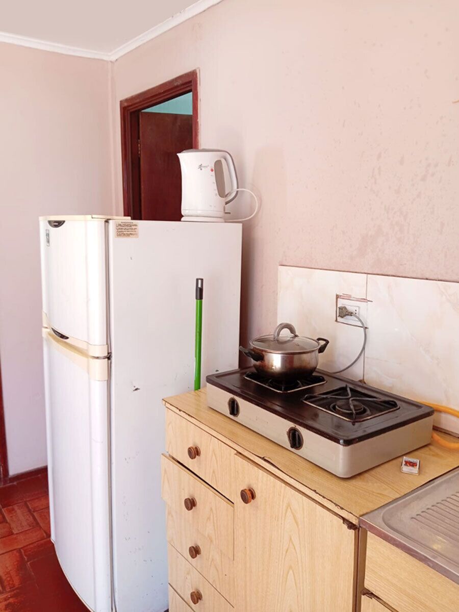 A compact kitchen with a white refrigerator, a wooden cabinet, a gas stove, and a small window.