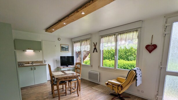 Un vaste espace de vie comprenant une table à manger en bois, un fauteuil jaune et un téléviseur placé dans un coin.