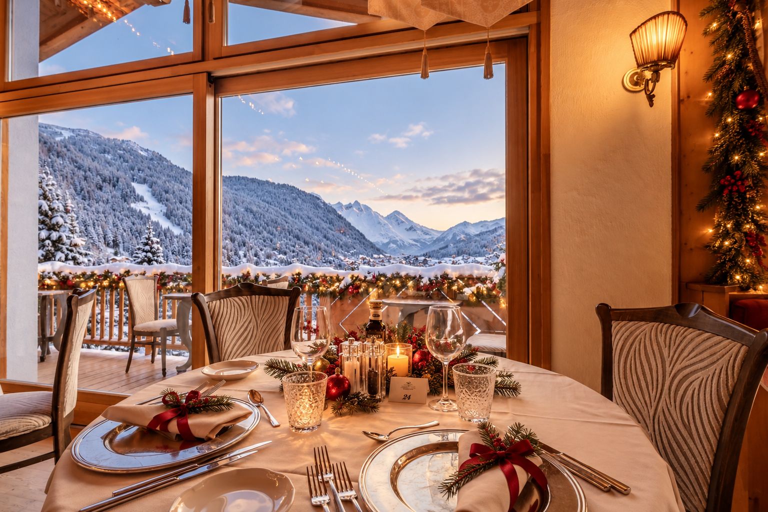 A dining table set for two with a view of snow-covered mountains.