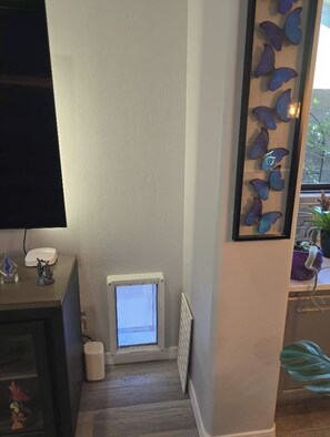 Una stanza con televisione a parete, una piccola finestra vista all'esterno e un decorativo quadro raffigurante una farfalla.
