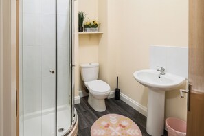 Shower, free toiletries, hair dryer, towels