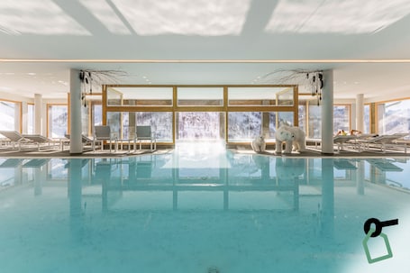 Indoor pool, open 10:00 AM to 8:00 PM, sun loungers