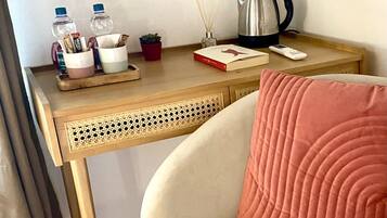 Individually decorated, individually furnished, desk, laptop workspace