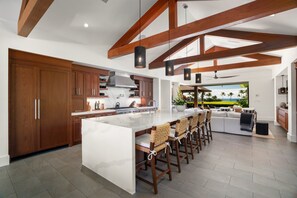 Fridge, microwave, oven, stovetop - Hale Aloha by Alekona Kauai: 4 BR Ocean view home w AC, fire pit, private pool and spa (Koloa)