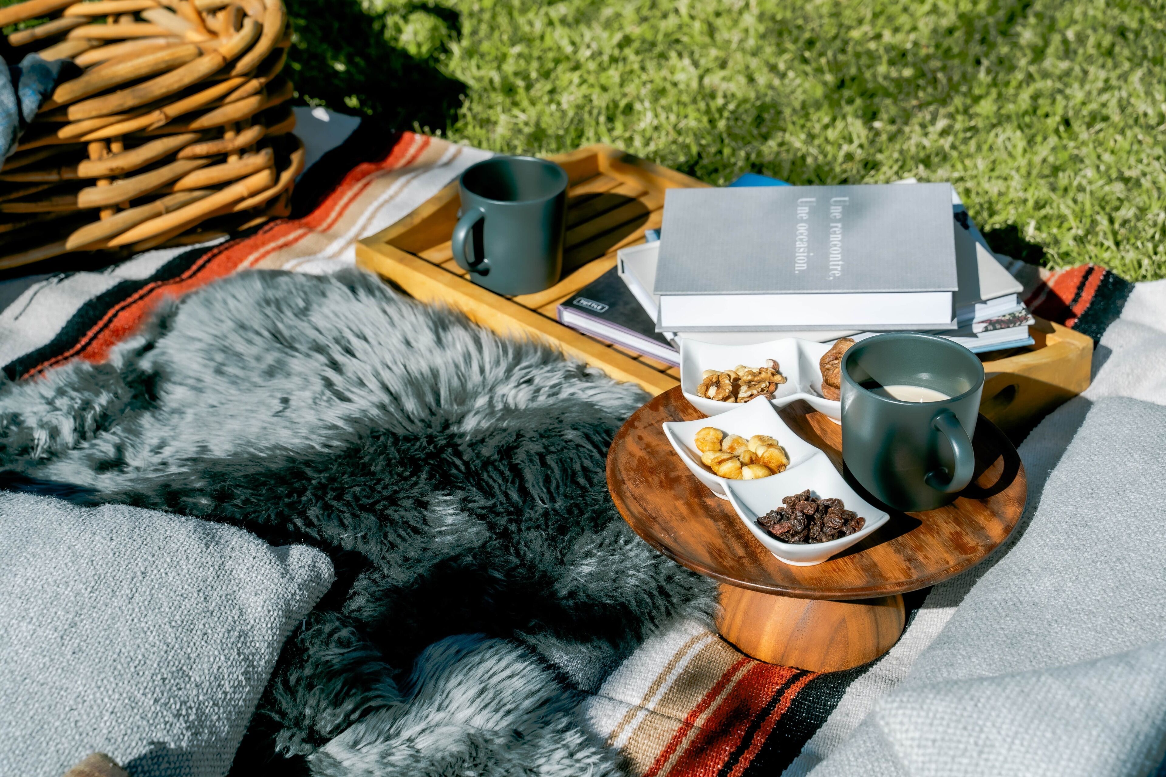 A picnic setup with a blanket, a book, a mug, and snacks on a wooden tray.