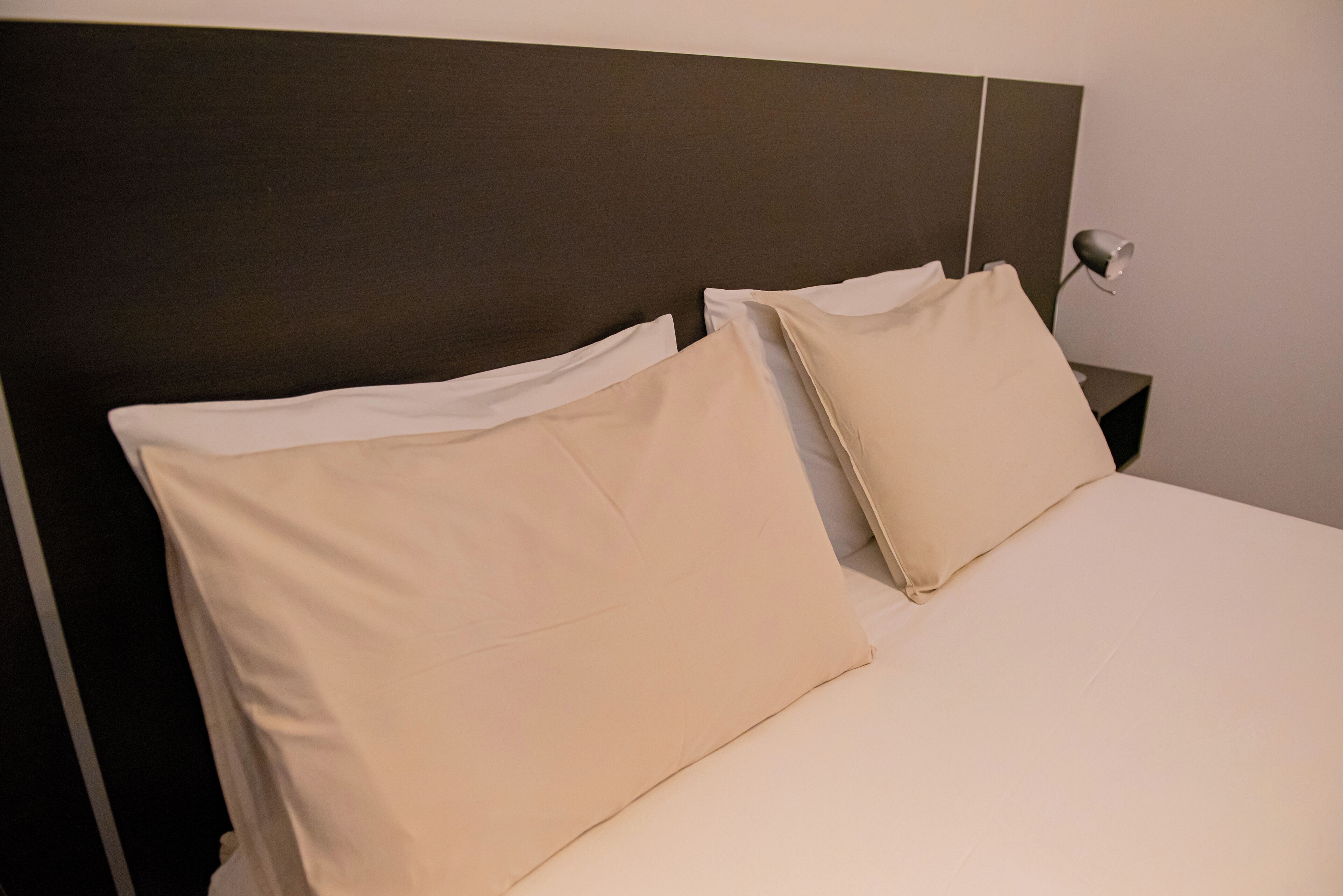 A bed with two pillows and a nightstand with a lamp.