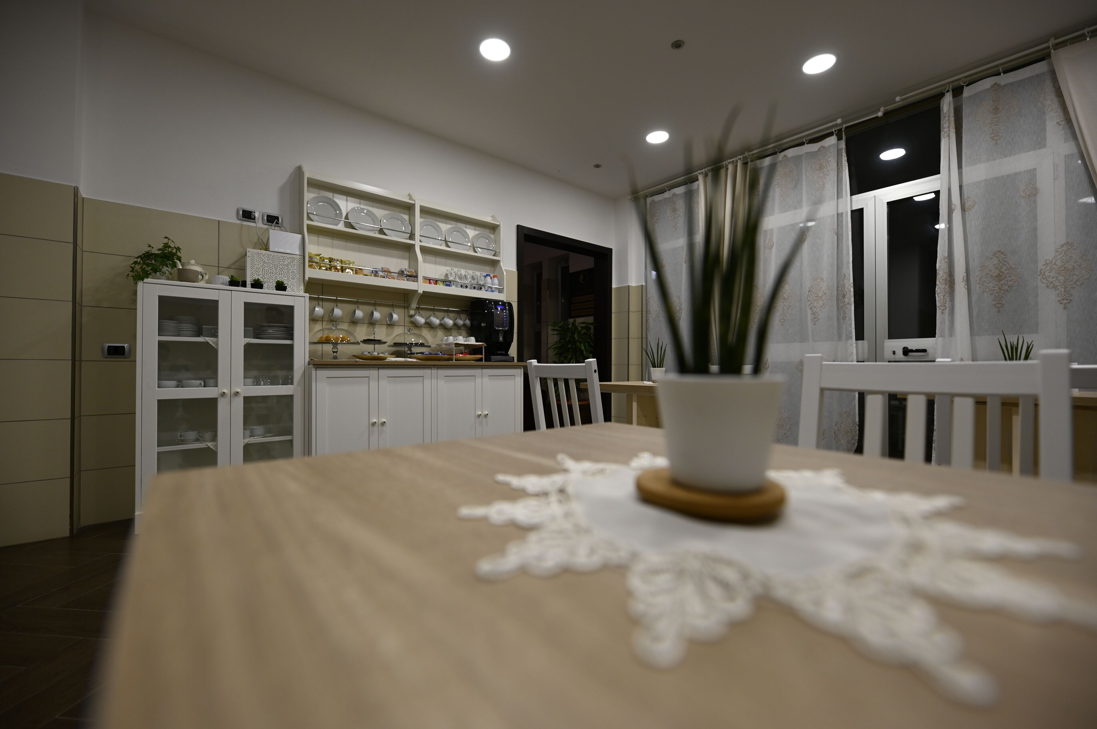 Une cuisine moderne avec des meubles blancs, une table à manger en bois et une plante en pot.