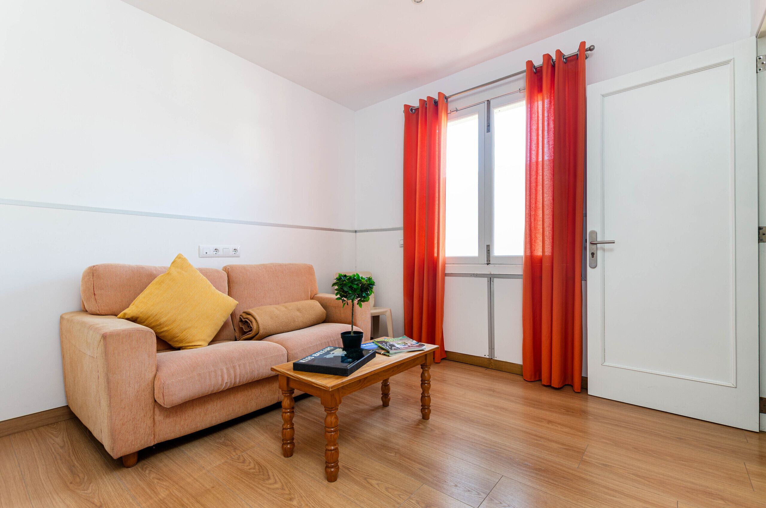 A living room with a sofa, a coffee table, a potted plant, and a window with red curtains.