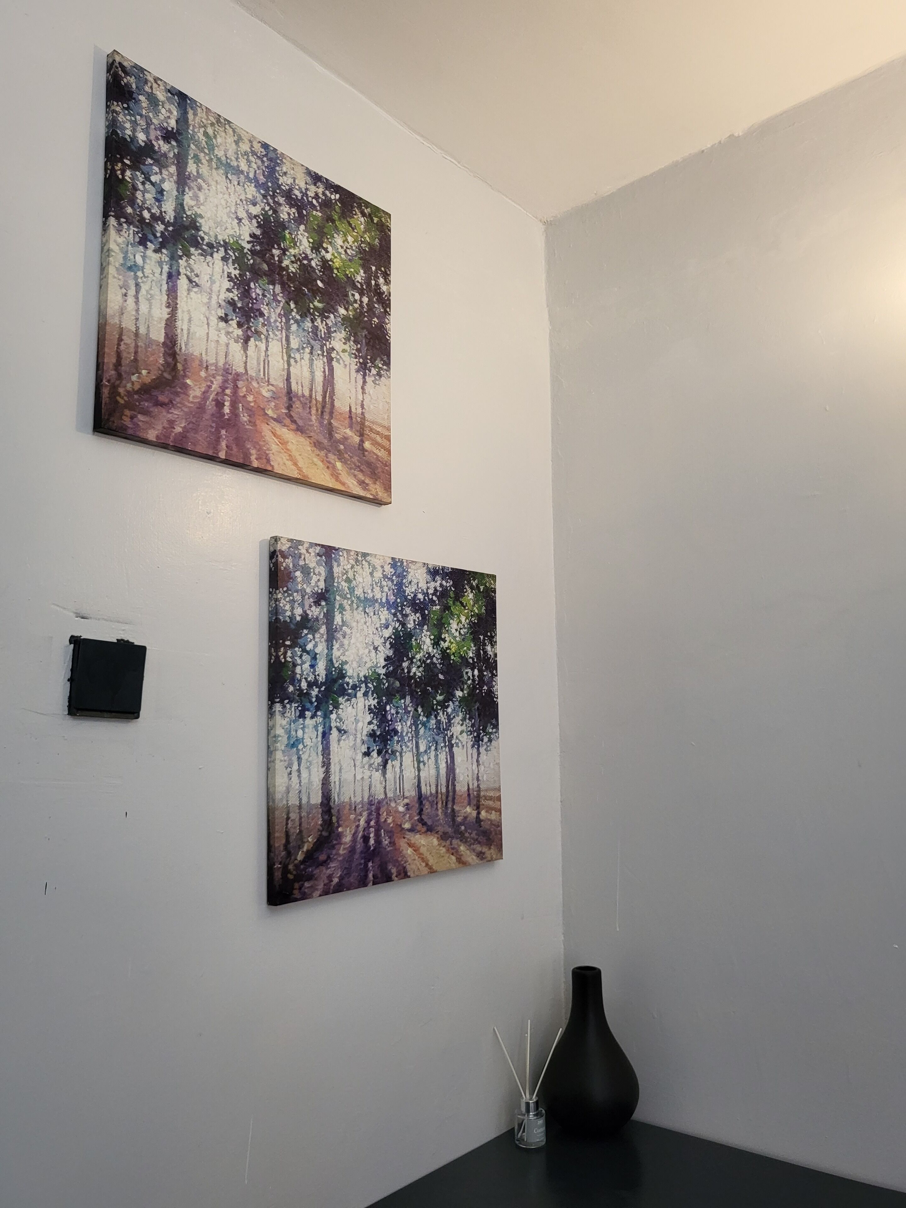 Two paintings of a forest scene on a wall, a black vase, and a small black object on the wall.