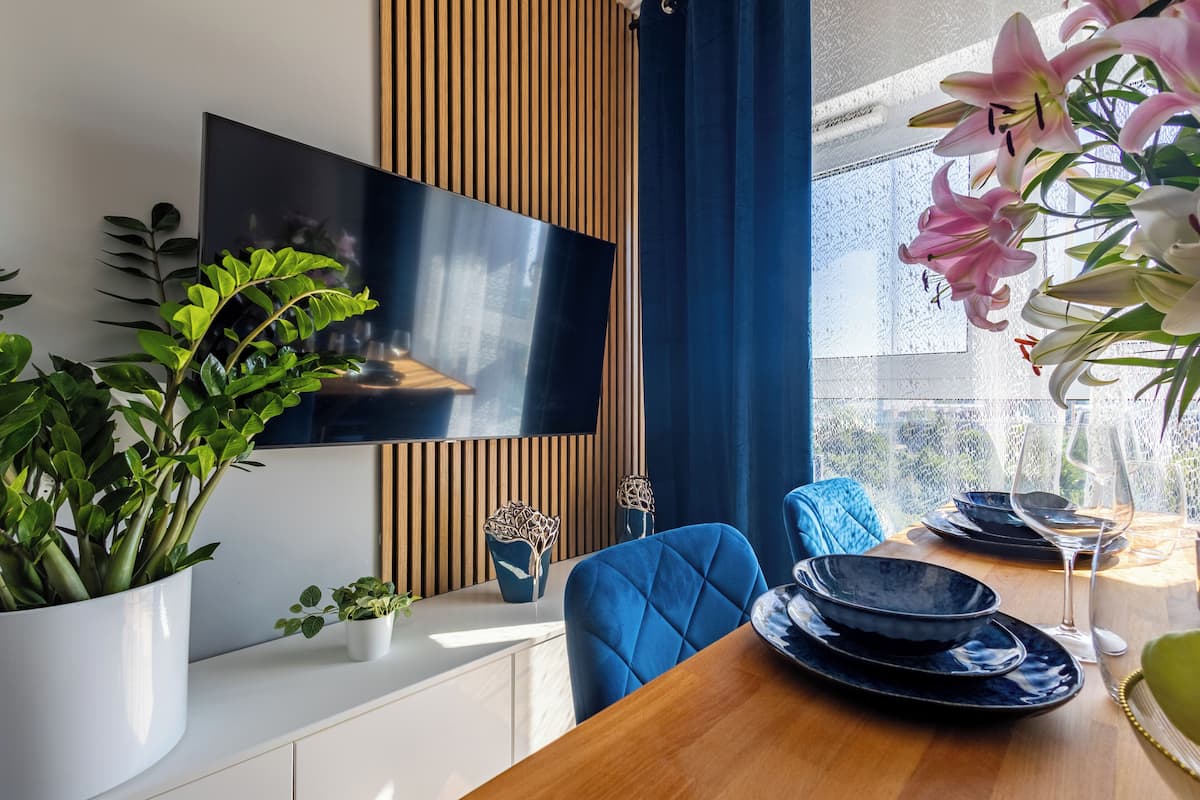 Un comedor moderno con una mesa de madera, sillas azules y una planta grande en maceta.