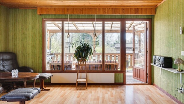 A room with a wooden ceiling, green walls, a large sliding glass door leading to an outdoor deck, a dining table with chairs, and a potted plant.