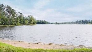 Ein ruhiger See mit sandigem Ufer und dichter Baumlandschaft im Hintergrund.