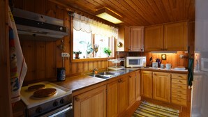 A wooden cabin kitchen with a stove, sink, cabinets, and a window with plants.