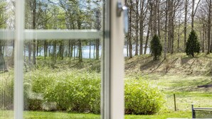 Blick durch eine Glastür auf eine Wiese mit Bäumen und einem Gewässer.