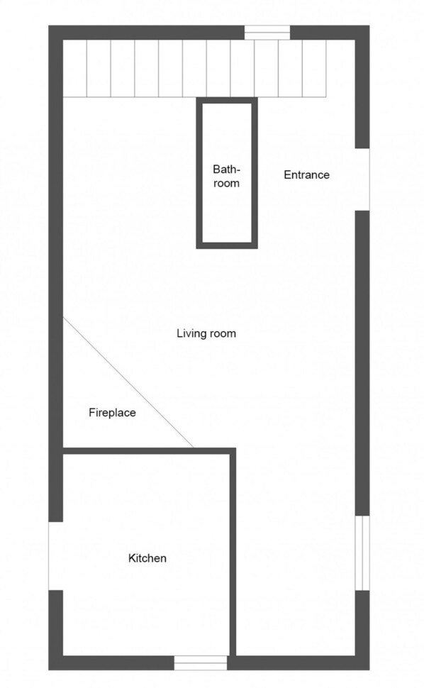 Un plan d’étage comprenant un salon, une cuisine, une cheminée, une salle de bain et une entrée.