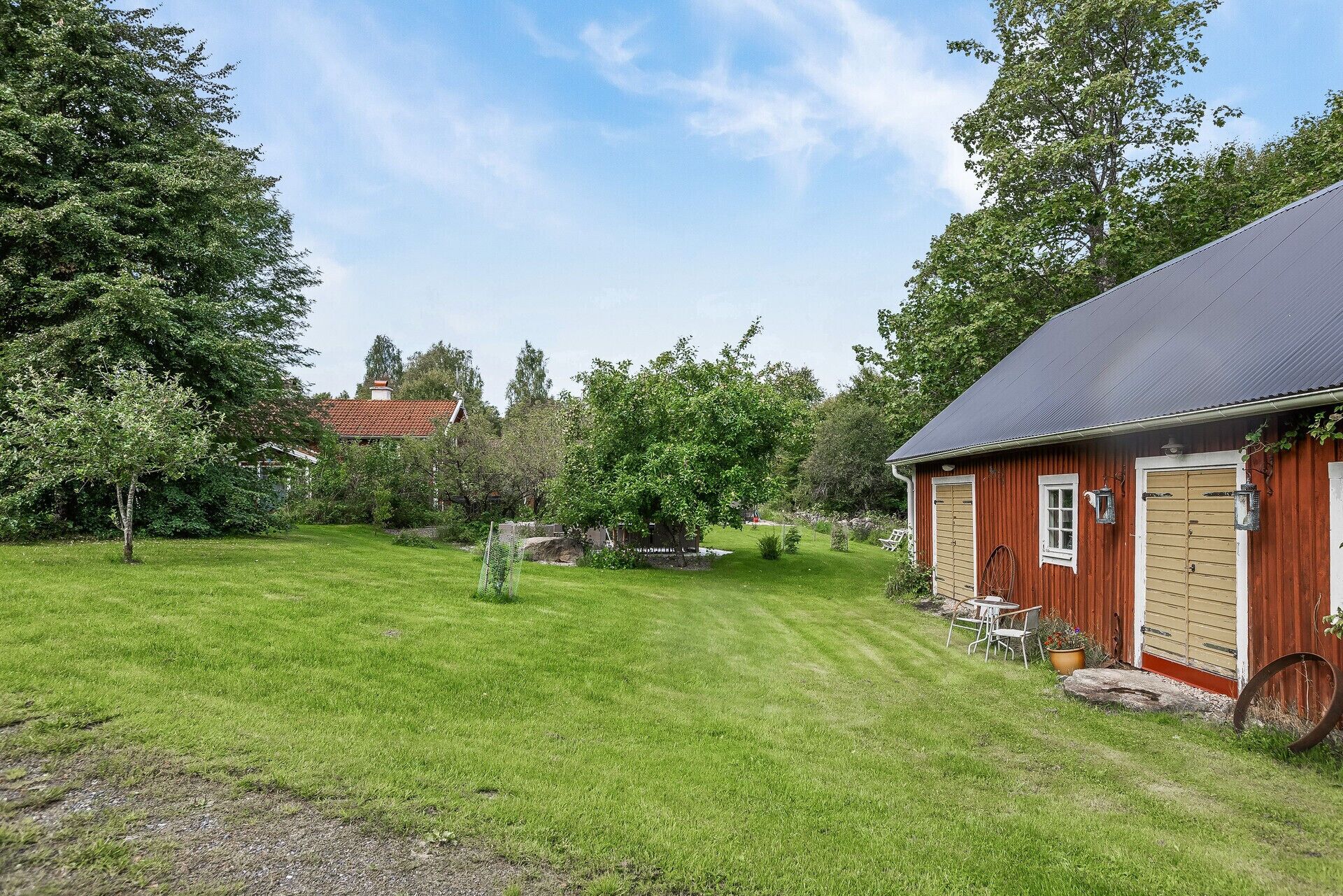 A red wooden building with a sloped roof, a grassy yard, and trees in the background.