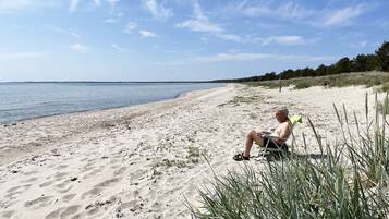 A beach with a person seated on a chair, a sandy shore, and a clear sky.