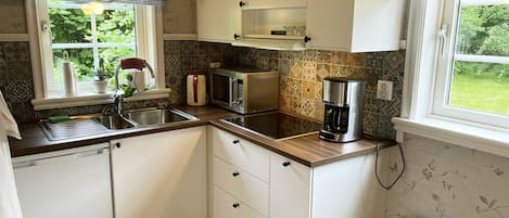 Kühlschrank, Mikrowelle, Herdplatte, Wasserkocher mit Kaffee-/Teezubehör