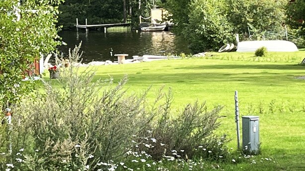 A grassy area with a dock extending into a body of water, surrounded by trees and a white structure.