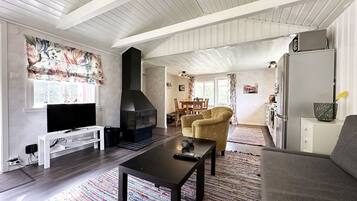 Een televisie en een open haard