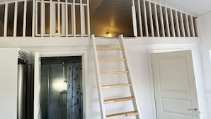 A room with a lofted sleeping area, a shower, and a door.