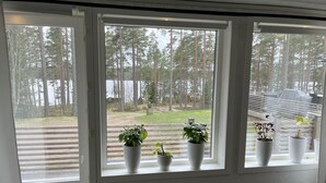 Een kamer met drie ramen, elk met uitzicht op een bos en een meer. Op de vensterbank staan potplanten.