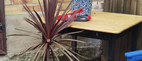 A dog lying on a paved patio with potted plants and a wooden table.