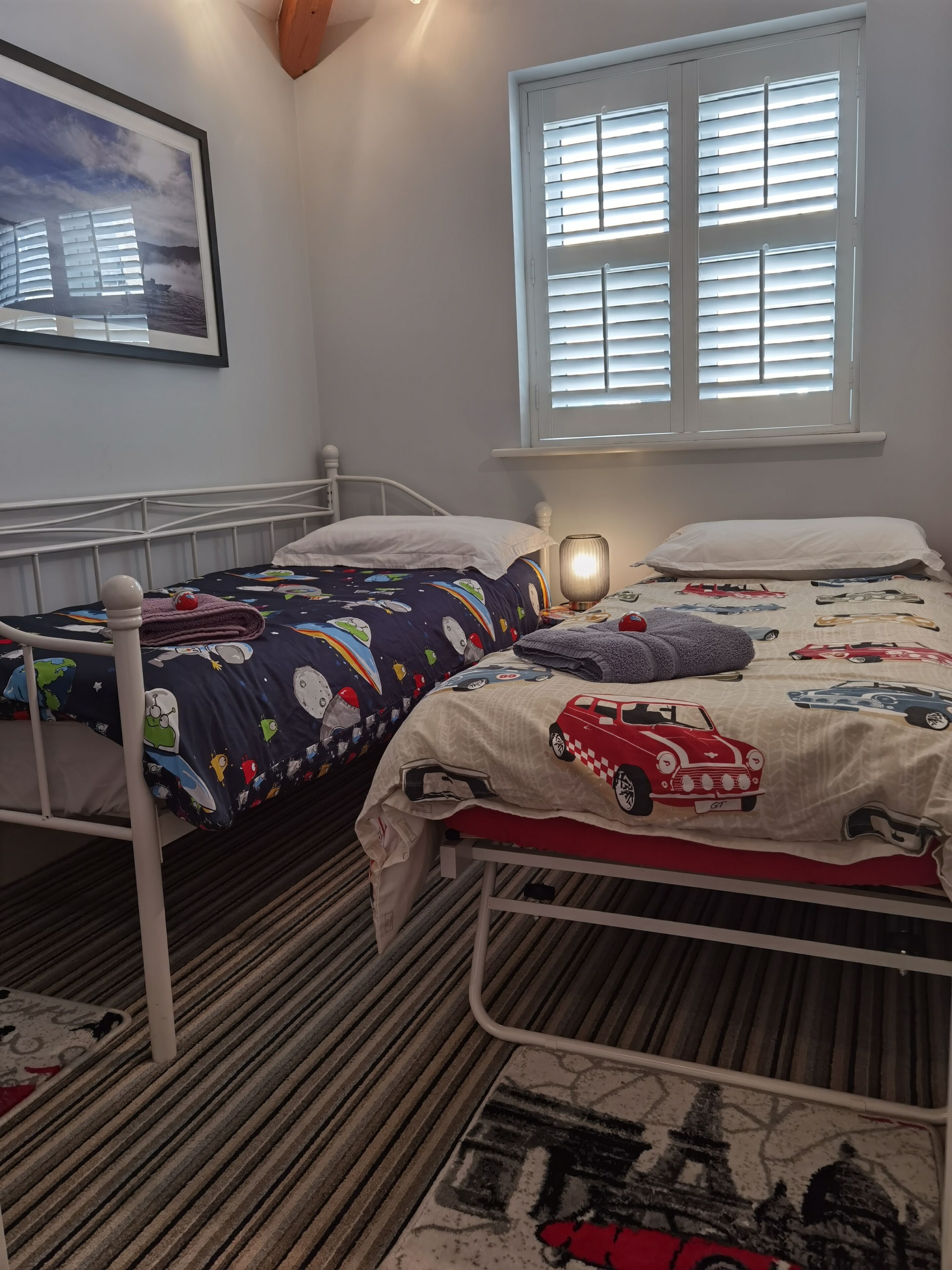 A twin bedroom with two beds, each with a different themed bedspread, a window with blinds, a framed picture on the wall, and a patterned rug.