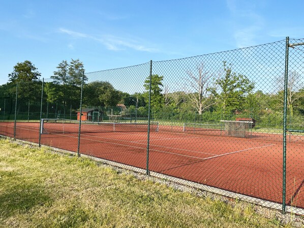Una cancha de tenis rodeada de árboles y con un cielo despejado, delimitada por una cerca de malla metálica y con superficie roja.