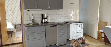 Fridge, microwave, dishwasher, coffee/tea maker