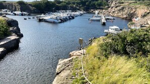 Una marina con barcos amarrados a lo largo de una costa rocosa, rodeada de vegetación.