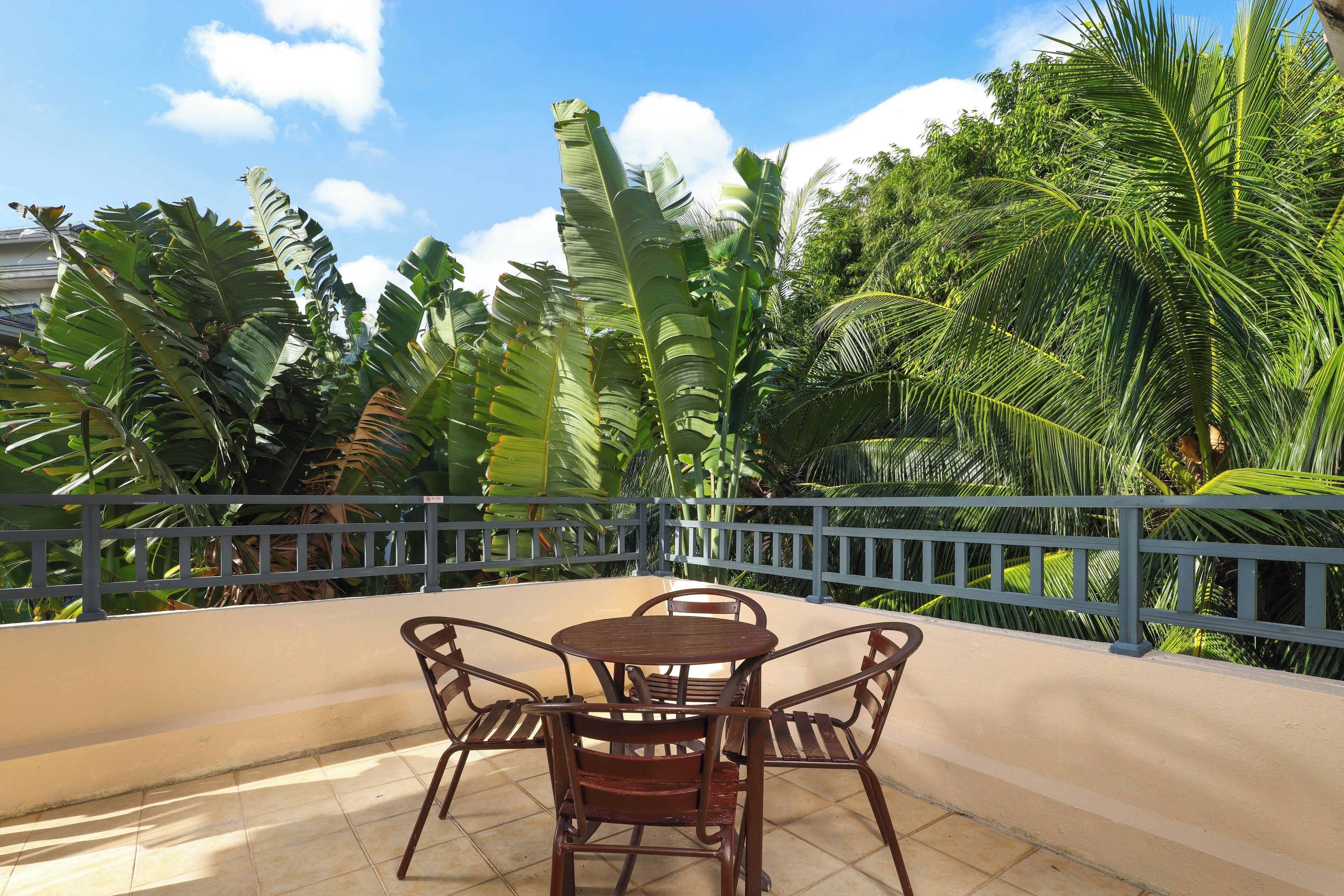 A patio with a round table and four chairs, surrounded by lush tropical plants and a blue railing.