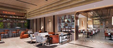 A modern bar area with a wooden ceiling, bar stools, and shelves with bottles.