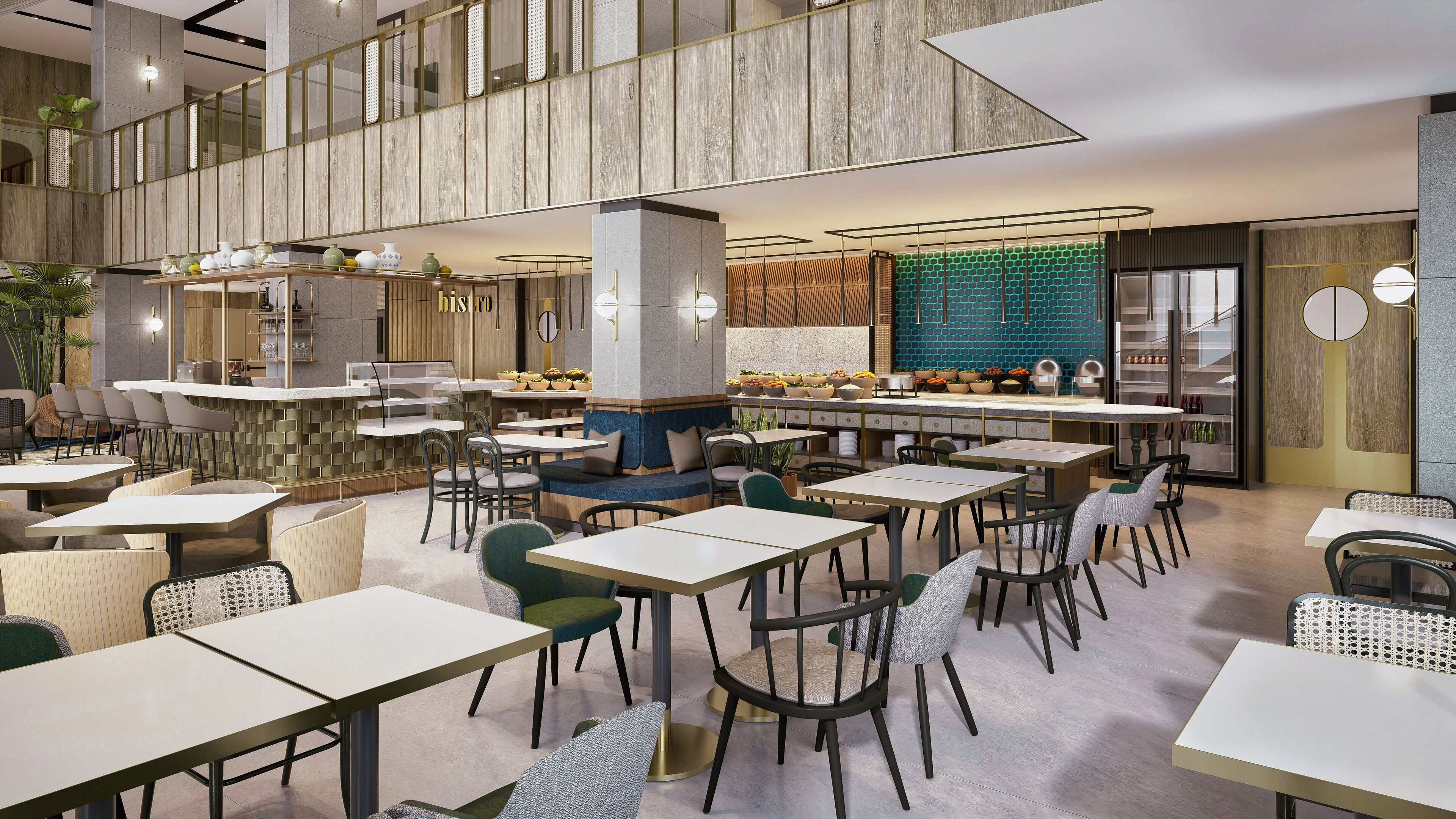 A modern restaurant with multiple dining areas, a bar, and a kitchen visible in the background.