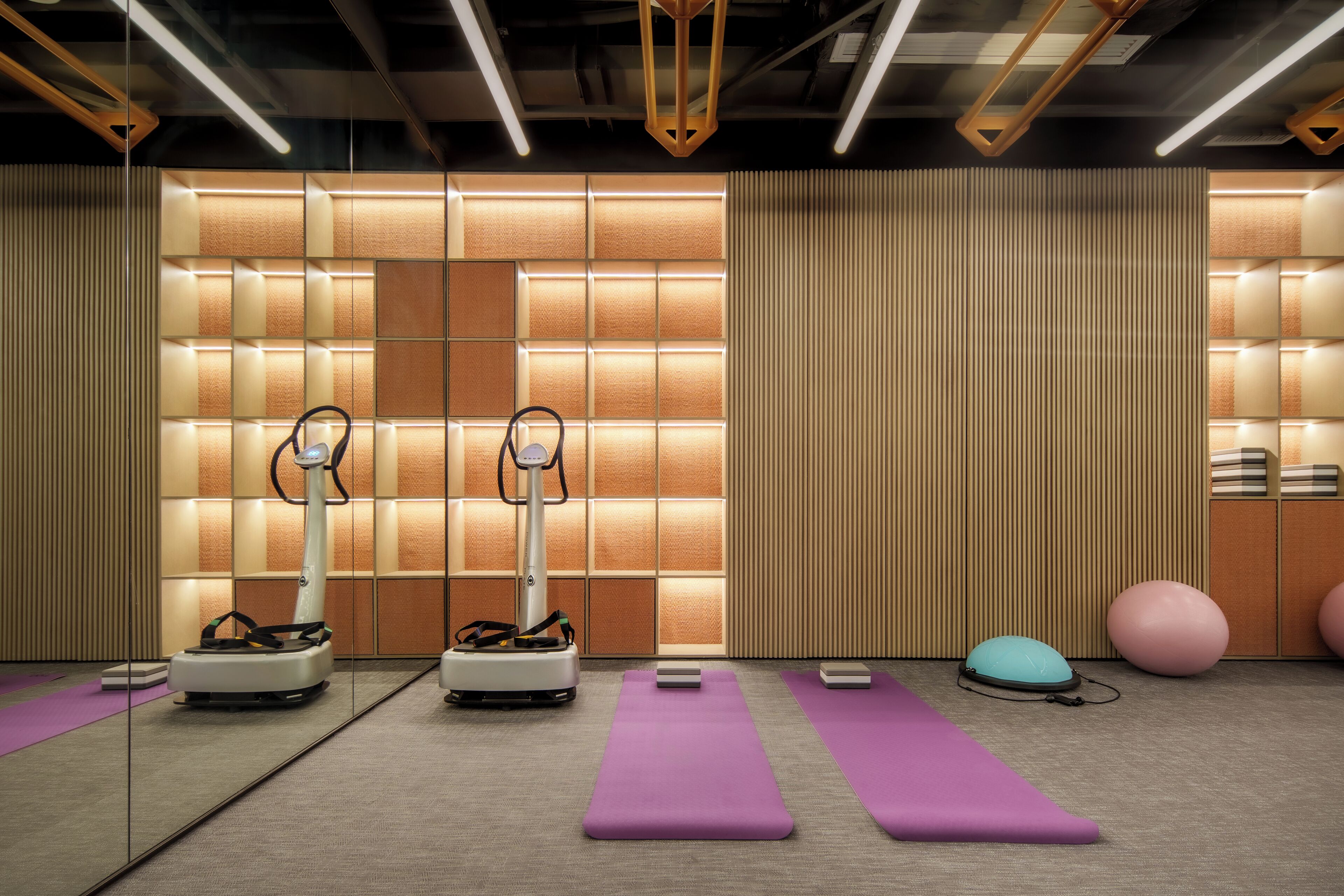 Une salle de sport moderne équipée de matériel d’exercice, de tapis de yoga et dotée d’un mur entièrement recouvert de miroirs.