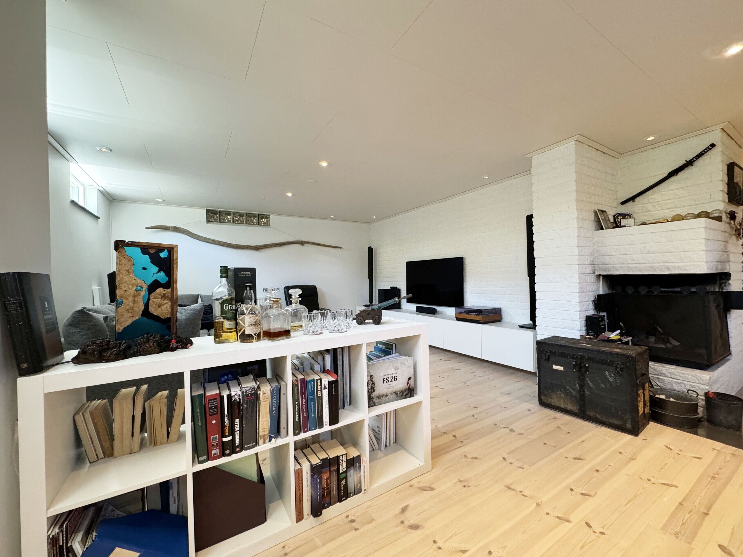 Ein modernes Wohnzimmer mit Kamin, Bücherregalen und einem Flachbildfernseher.