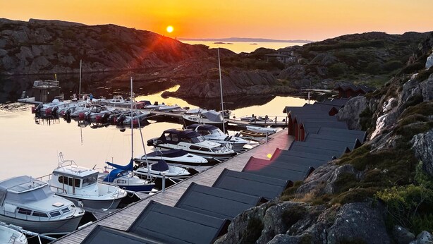 A marina with boats docked, a wooden pier, and a sunset in the background.