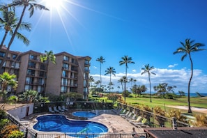 A hotel with a pool area, palm trees, and a view of the ocean.