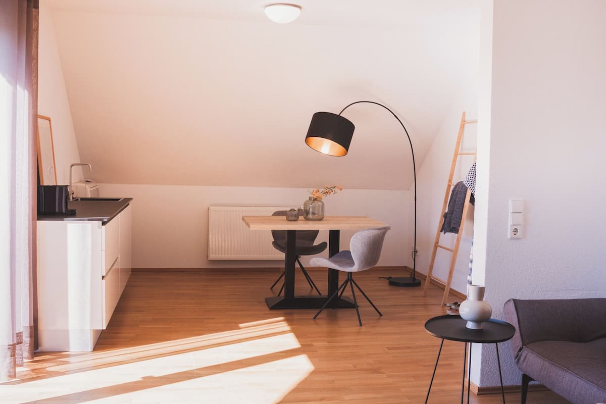 A compact living space with a kitchenette, a dining area with a table and chairs, a floor lamp, and a sofa.