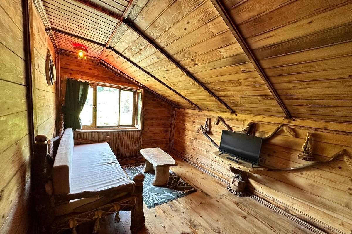 Une cabane en bois chaleureuse avec un plafond de style industriel, un lit, une table, un banc et un téléviseur fixé au mur.