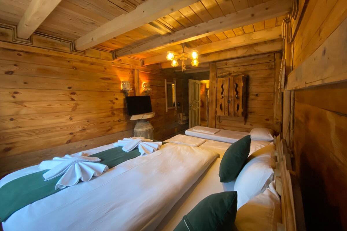 Une chambre aménagée dans un chalet en rondins, avec deux lits, des murs en bois et un décor rustique.