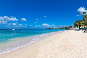 A beach with clear blue water, a sandy shore, and a few palm trees. - Turtle View by Bluescape (Holetown)