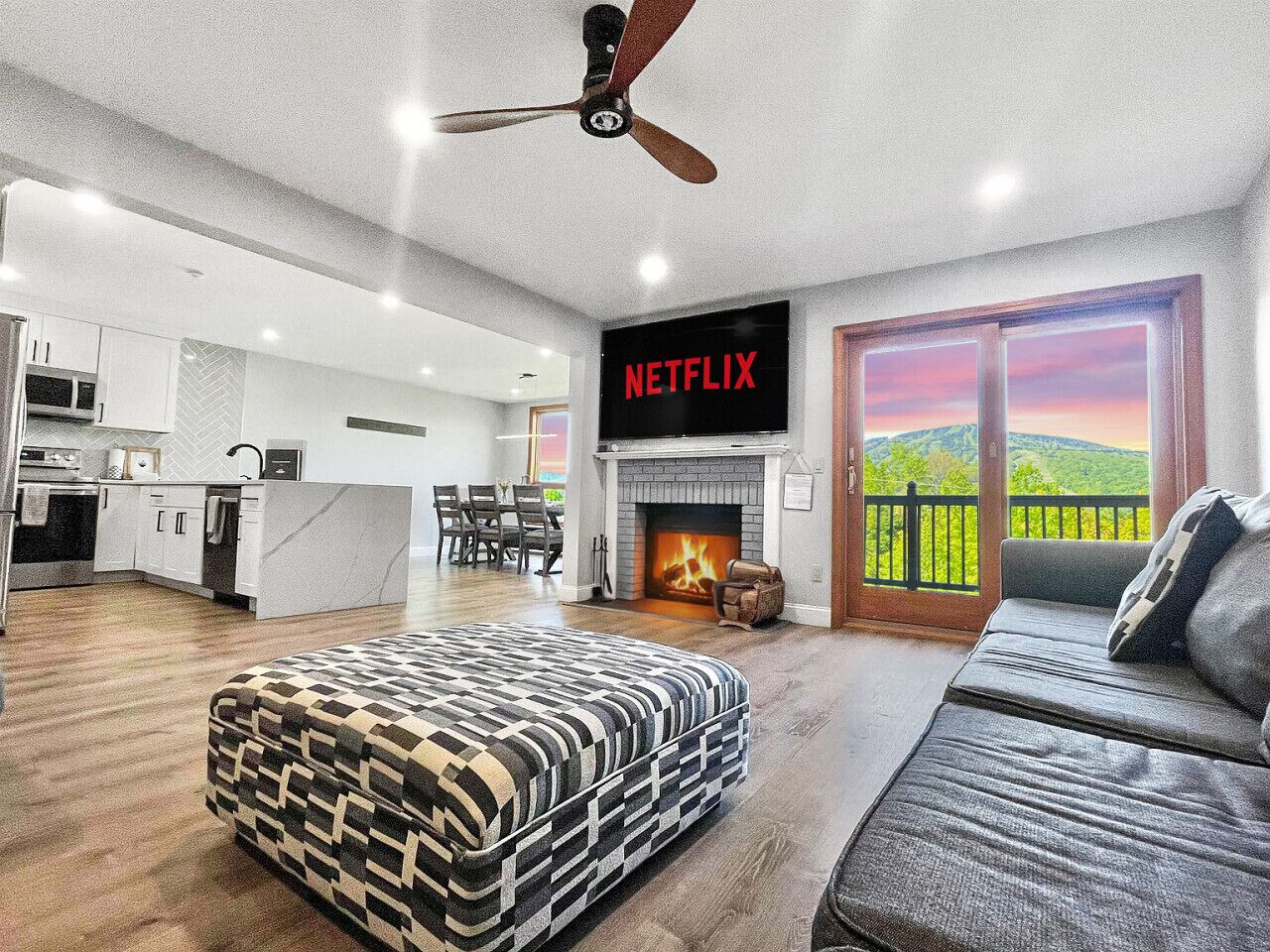 Smart TV, fireplace, foosball