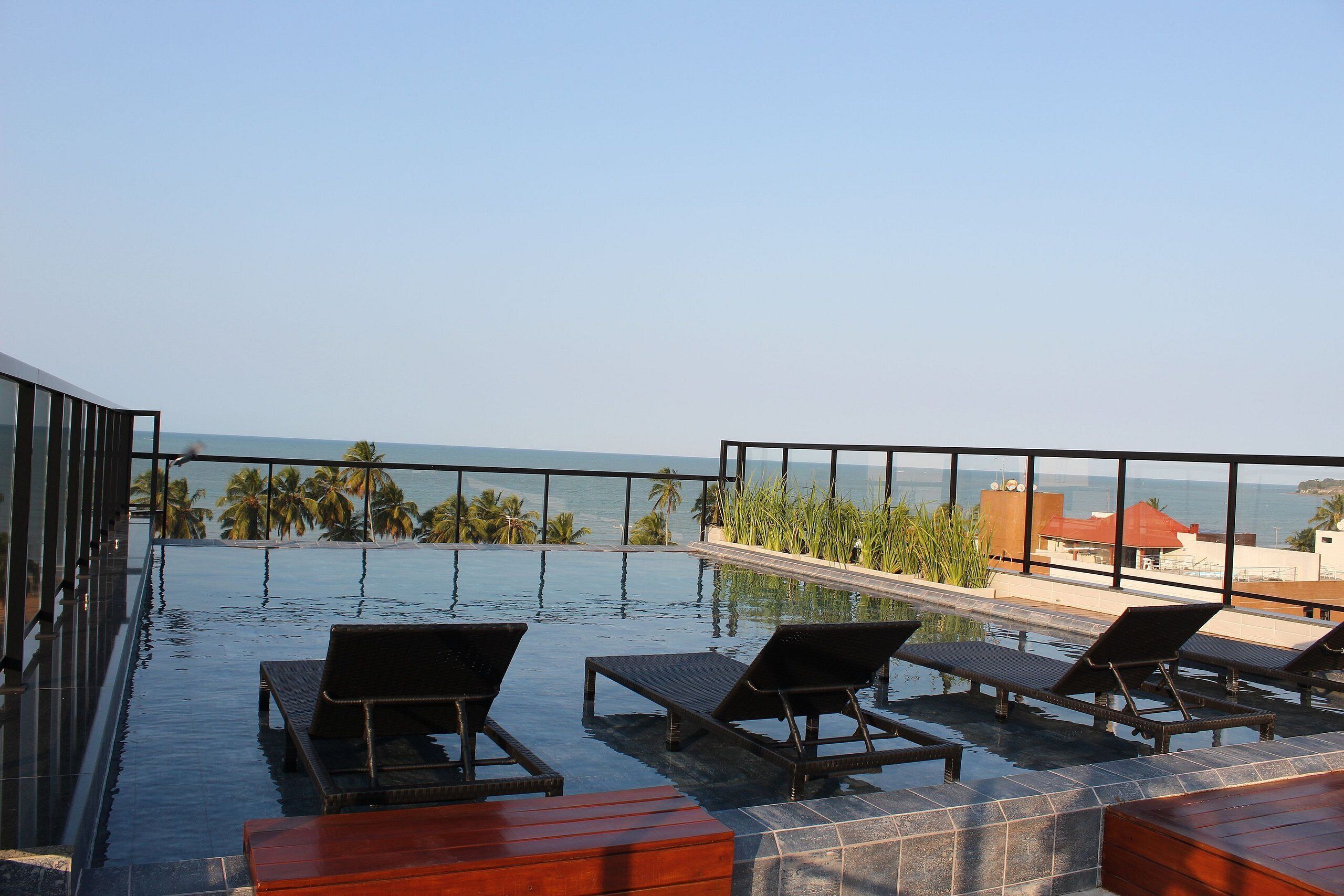 An infinity pool with lounge chairs, a view of the ocean, and palm trees.