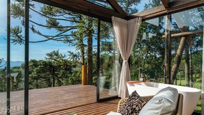 A modern outdoor seating area with a wooden deck, a wicker chair, a white sofa, and a glass-enclosed space with a view of trees and mountains. - Bulawayo Lodge (Urubici)