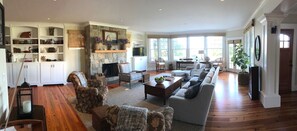 Smart TV, chimenea y libros 