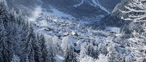 A snow-covered village with houses nestled among trees, surrounded by mountains.