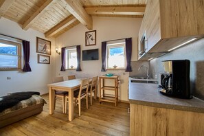 Departamento clásico, para no fumadores, vista a la montaña | Cocina privada | Refrigerador con congelador, microondas y parrilla de estufa