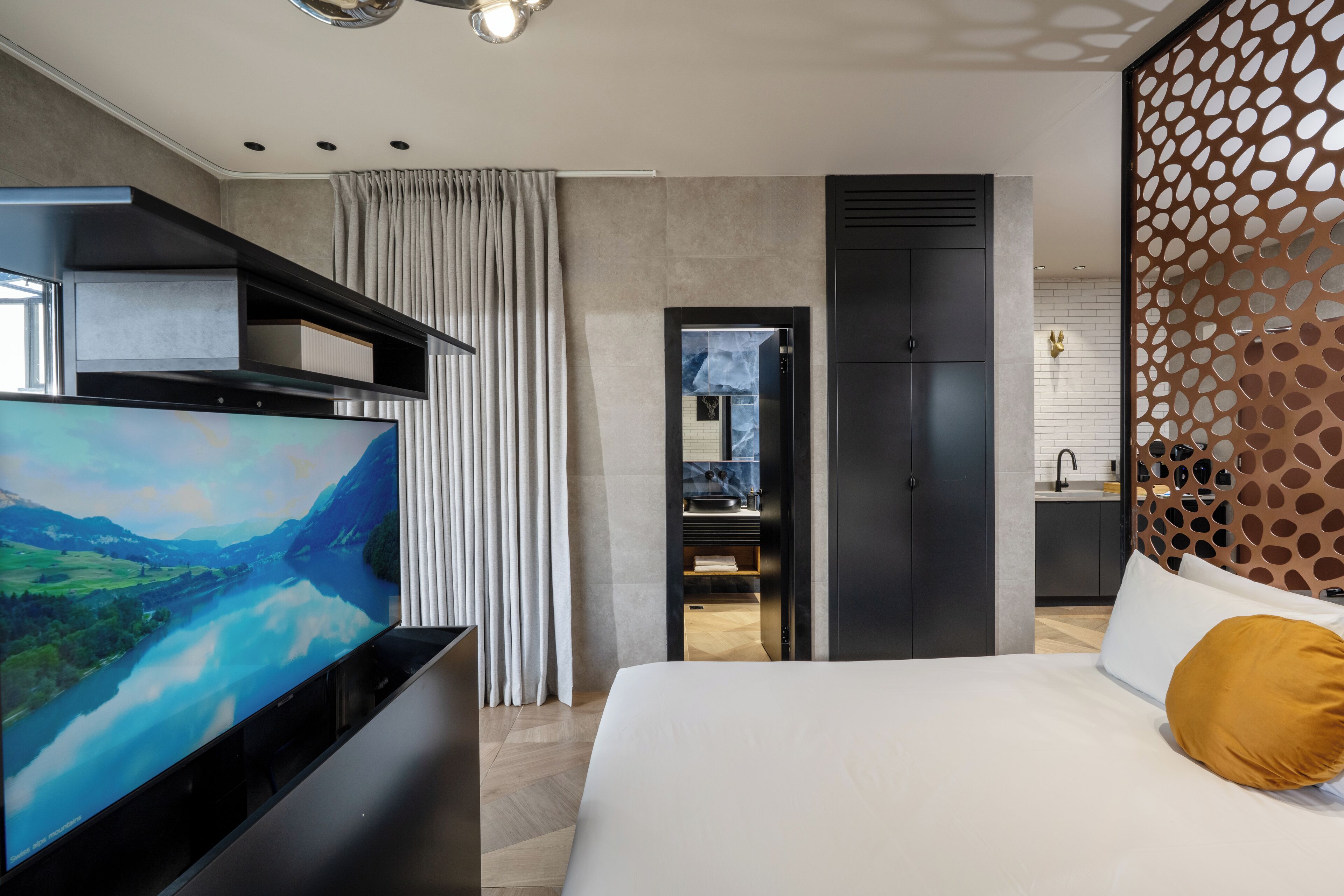 A modern hotel room with a large bed, a flat-screen TV, a wardrobe, a bathroom, and a decorative partition.